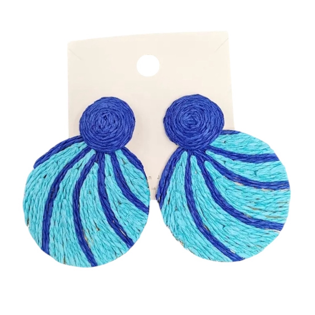 Blue Large Round Raffia Statement Dangle Earrings 20$